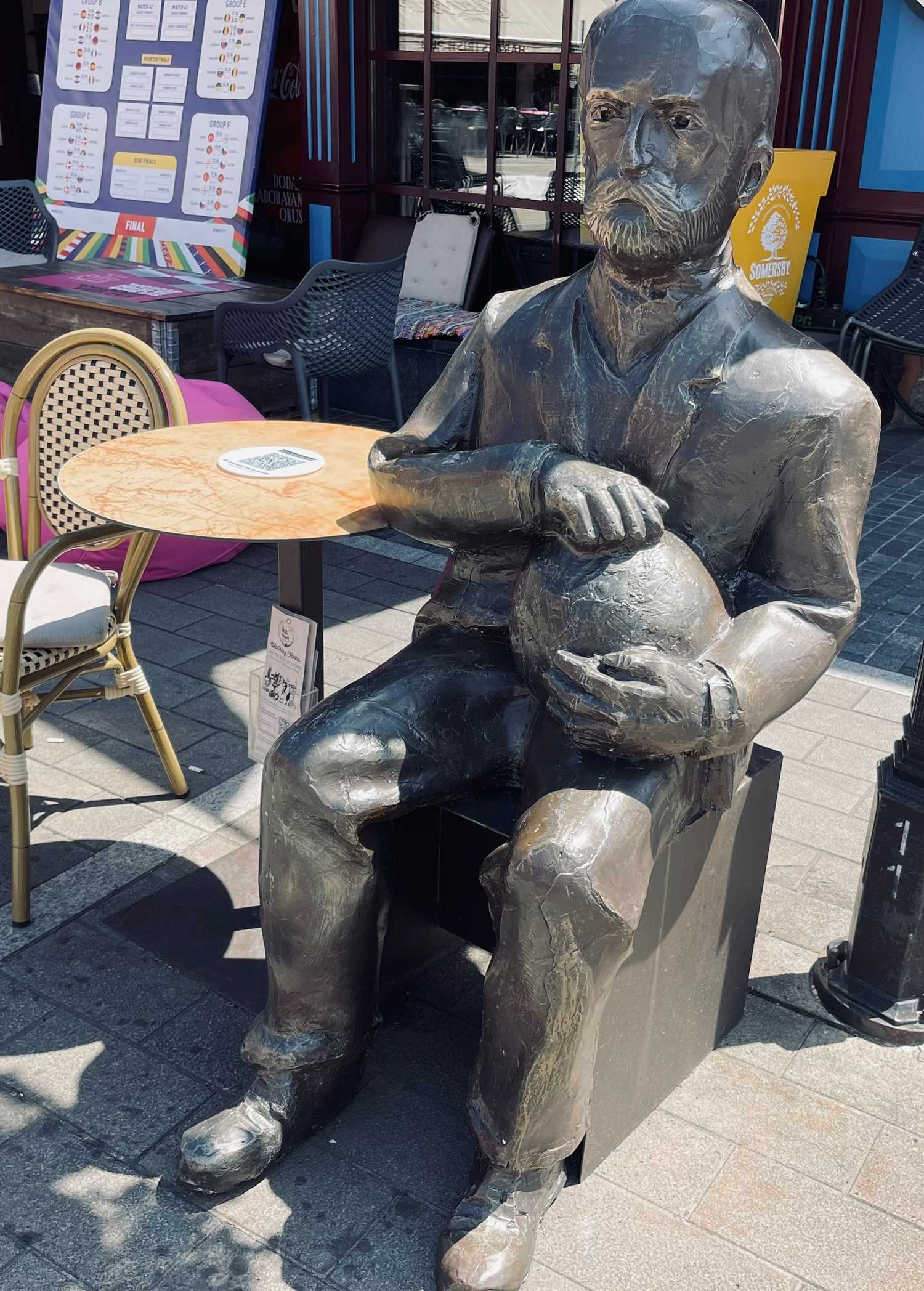 Statue of man holding the globe sitting at a table in Zagreb, Croatia